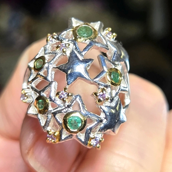 Natural Kharma by Avelon Jewelry - Emerald & Topaz sterling & gold star dome ring sz7.5